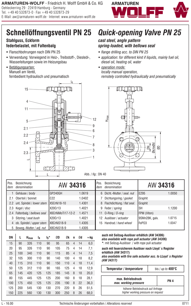 AW 34316 Schnellöffnungsventil mit Faltenbalgabdichtung, Eckform, hydr. / pn. Auslösung