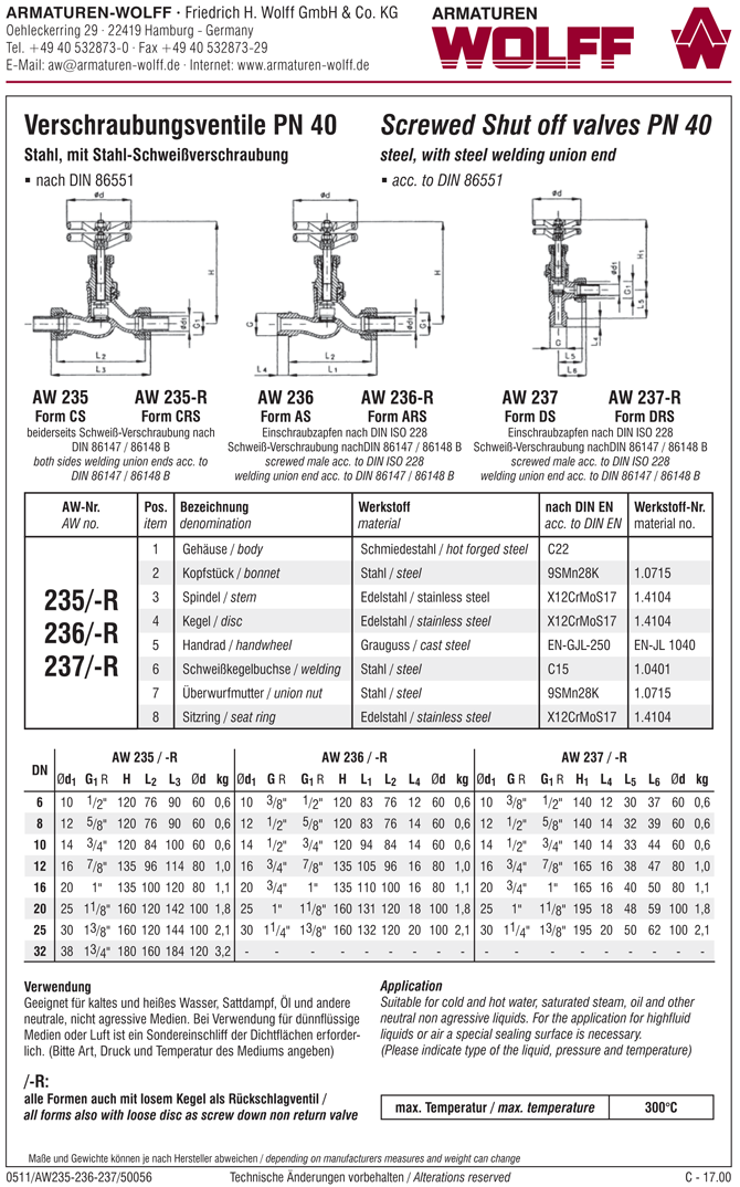 AW 236-R Verschraubungsventil DIN 86551