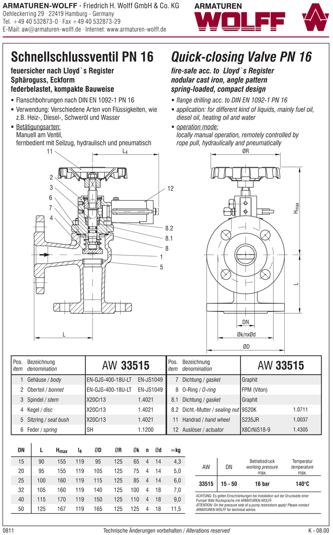 AW 33515 Schnellschlussventil, federbelastet, Eckform, hydr. / pn. Auslösung, feuersicher