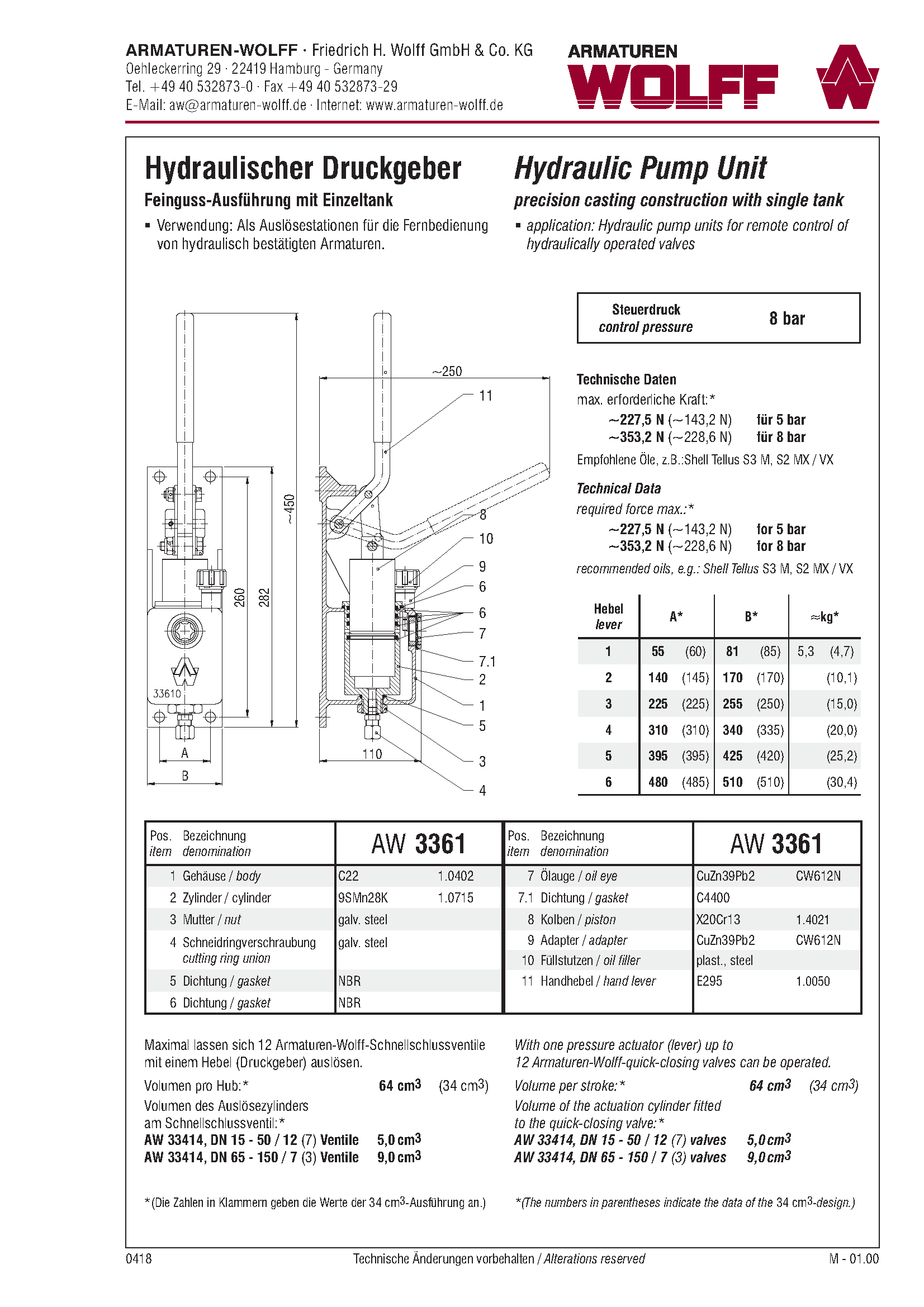 AW 3361 Hydraulischer Druckgeber, 1 - 3 Hebel