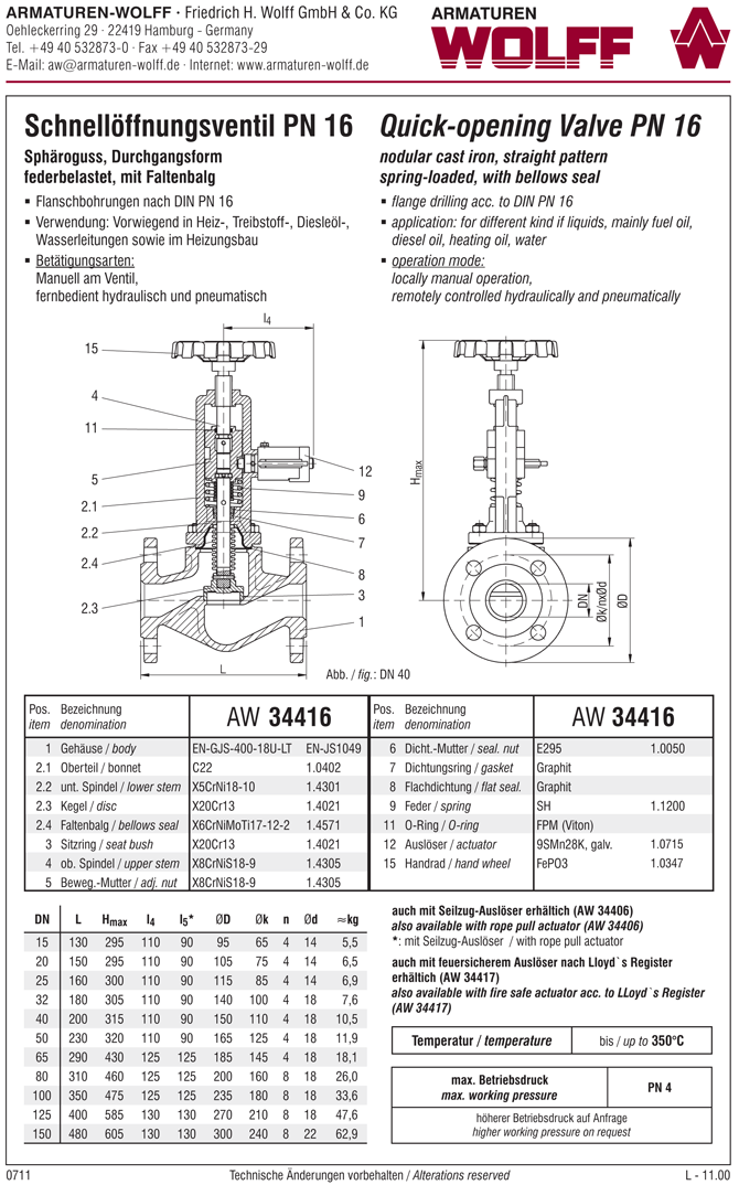 AW 34406 Schnellöffnungsventil mit Faltenbalgabdichtung, Duchgangsform, manuelle Auslösung