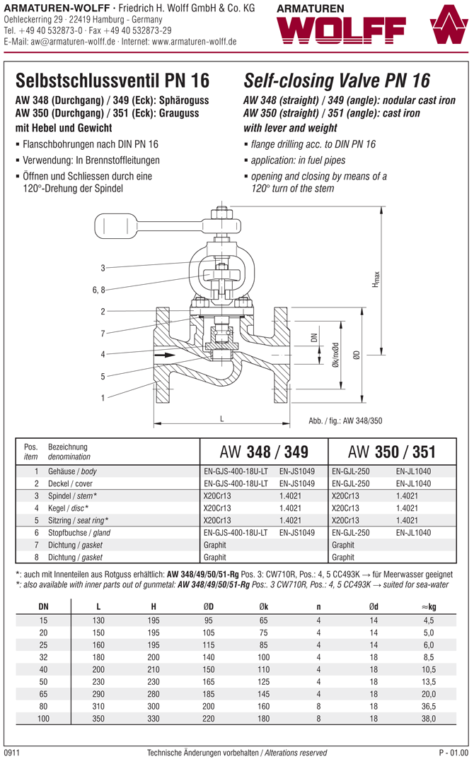 AW 351-Rg Selbstschlussventil mit Hebel und Gewicht, Eckform