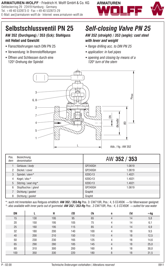 AW 353-Rg Selbstschlussventil mit Hebel und Gewicht, Eckform