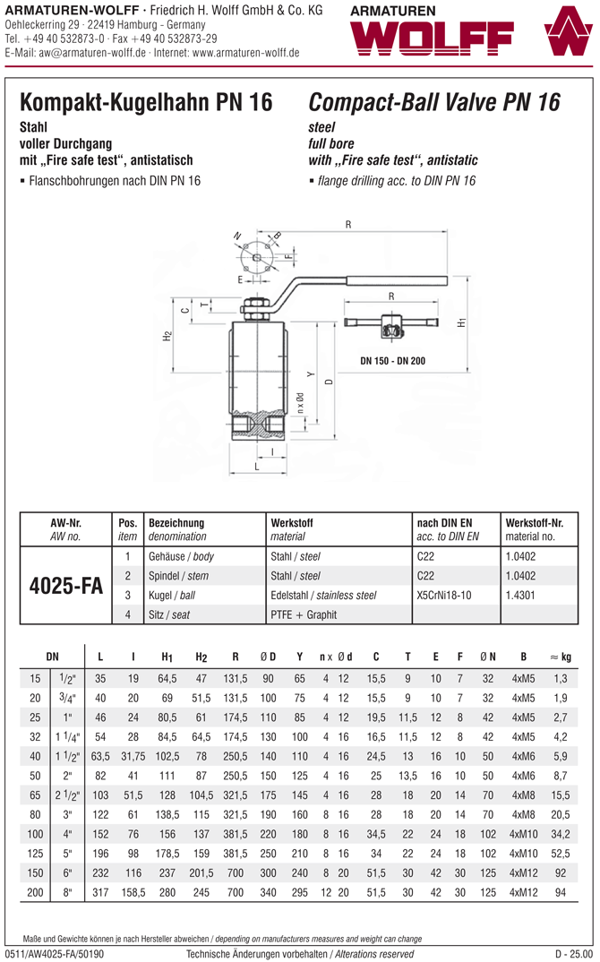 AW 4025-FA Kompakt-Kugelhahn, feuersicher, antistatisch