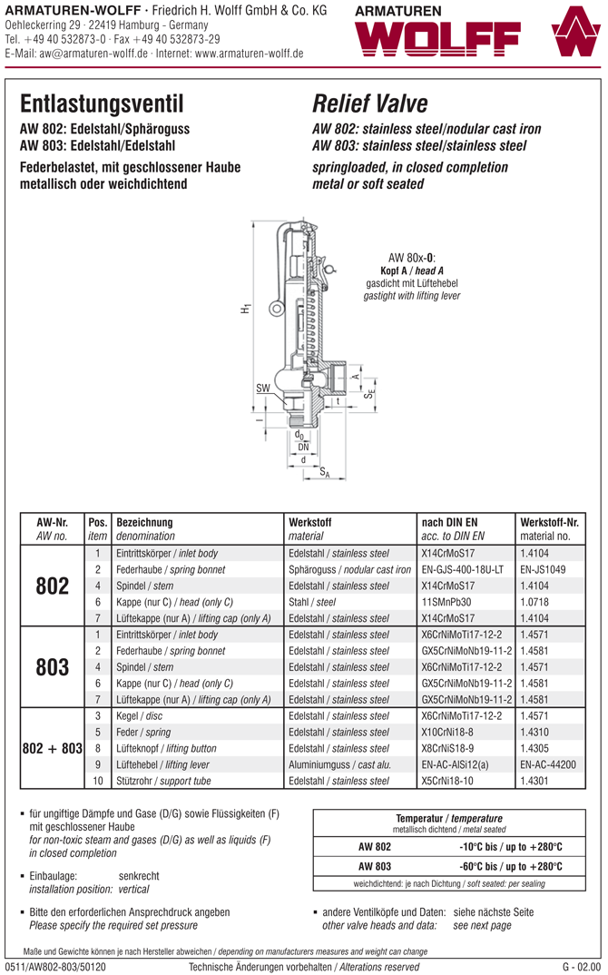 AW 803 Eck-Entlastungsventil, Zapfen/Muffe, geschlossene Haube