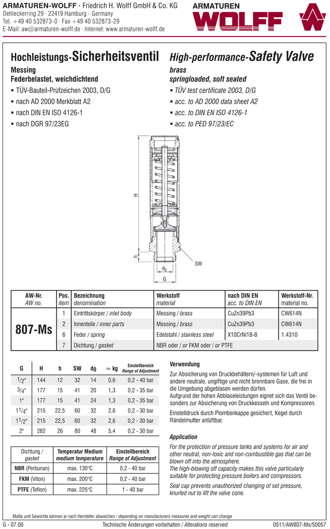 AW 807-MS Sicherheitsventil, Zapfen, frei abblasend, großer Durchsatz