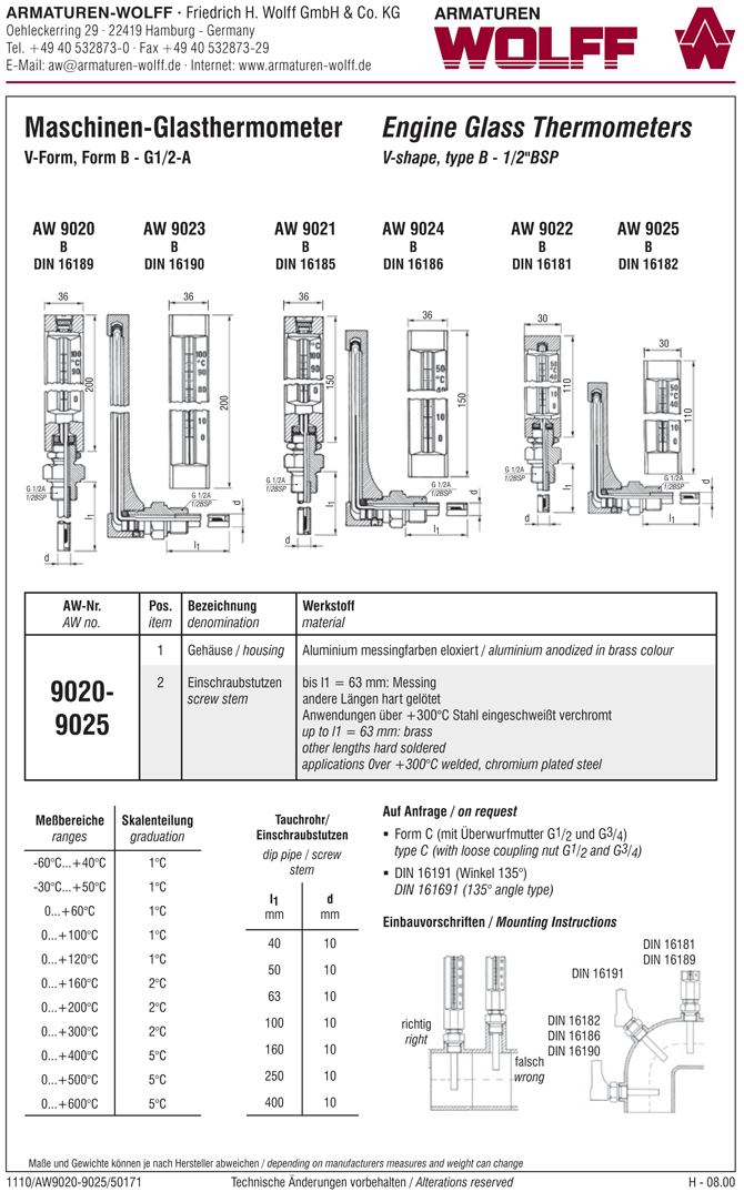 AW 9023 Maschinen-Glasthermometer