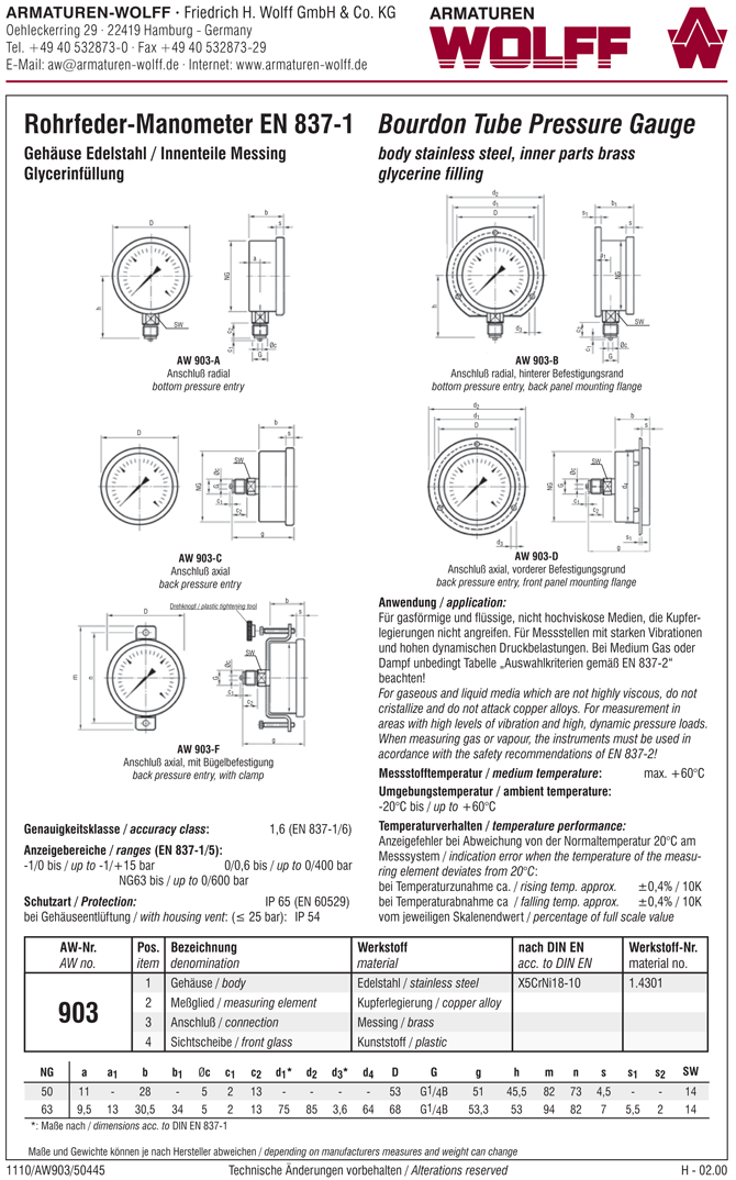 AW 903 Rohrfeder-Manometer, Glycerinfüllung